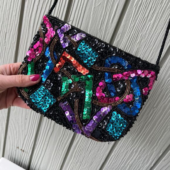 VTG 80s Beaded Sequin Crossbody Bag Black Multicolor Party Purse - Picture 7 of 8